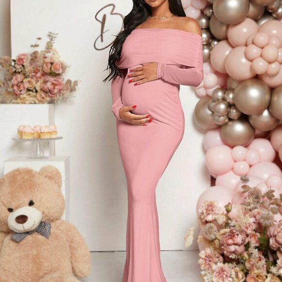 Pink Elegant Women's Maternity Off Shoulder Foldover Dress - Picture 5 of 7